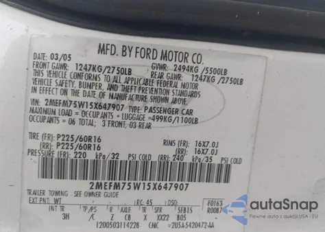 2005 Mercury Grand Marquis Ls/Lse z USA, uszkodzony, nr VIN 2MEFM75W15X647907